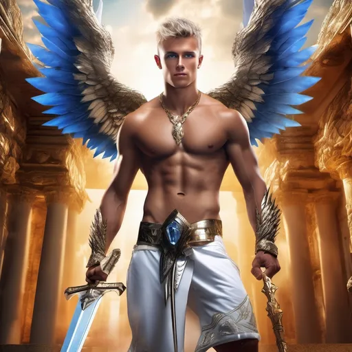 Prompt: muscular young man, naturally tanned, short brunette spiky hair with blonde highlights, blue eyes. White speedos, ancient temple background, photorealistic, gold bracelets, crystal sword, wings, white boots, angel