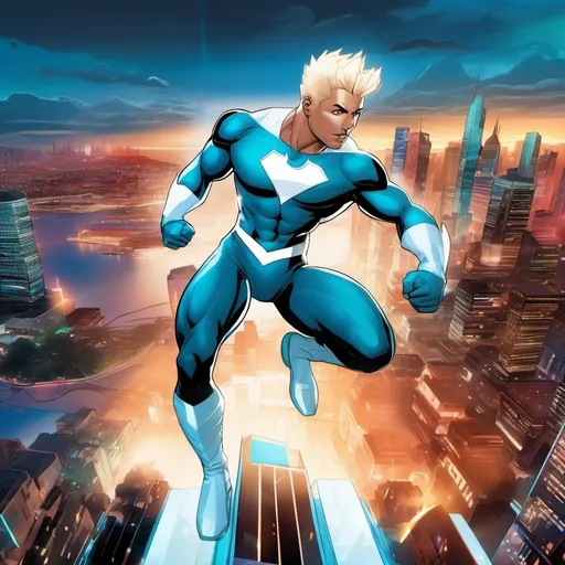 Prompt: muscular young man in superhero pose, (naturally tanned skin), striking blue eyes, brunette spiky hair with blonde highlights, wearing a contrasting white speedo and teal latex supersuit, small flowing white cape, white boots, (city skyline in the background), vibrant colors, dynamic lighting, (photorealistic), ultra-detailed, high resolution, cinematic atmosphere that conveys heroism and power. Floating, 2000s comic book art style