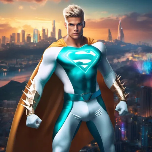 Prompt: muscular young man in superhero pose, (naturally tanned skin), striking blue eyes, brunette spiky hair with blonde highlights, wearing a contrasting white speedo and teal latex supersuit, small flowing white cape, white boots, (city skyline in the background), vibrant colors, dynamic lighting, (photorealistic), ultra-detailed, high resolution, cinematic atmosphere that conveys heroism and power.