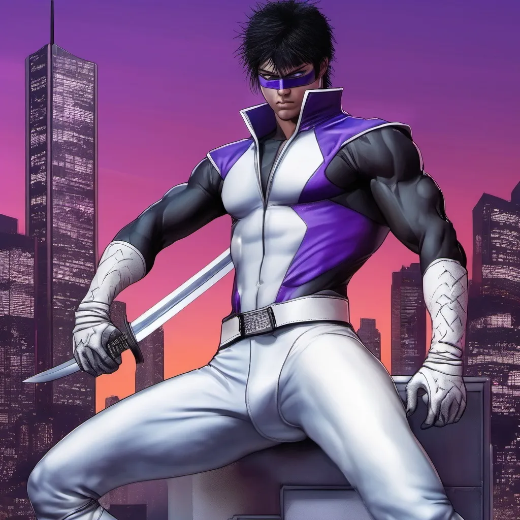 Prompt: Wraithblade, muscular young man, naturally tanned, blue eyed, black spiky hair. white speedo, vigilante, purple spandex latex suit, white boots, white gloves, katanas, night city rooftops background, photorealistic, domino eye mask, ninja, , (cyberpunk aesthetic), 80s