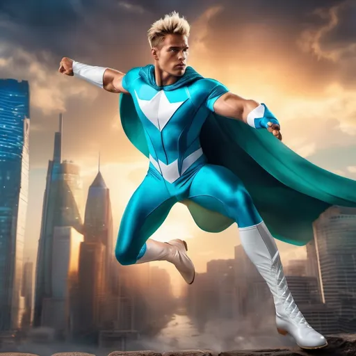 Prompt: muscular young man in superhero pose, (naturally tanned skin), striking blue eyes, brunette spiky hair with blonde highlights, wearing a contrasting white speedo and teal latex superhero suit, small flowing white cape, white boots, (city skyline in the background), vibrant colors, dynamic lighting, (photorealistic), ultra-detailed, high resolution, cinematic atmosphere that conveys heroism and power. floating