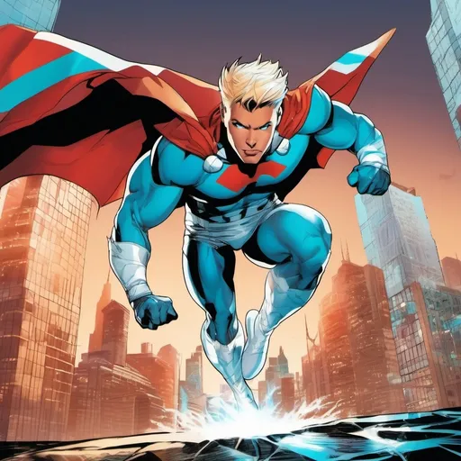 Prompt: muscular young man in superhero pose, (naturally tanned skin), striking blue eyes, brunette spiky hair with blonde highlights, wearing a contrasting white speedo and teal latex supersuit, small flowing white cape, white boots, (city skyline in the background), vibrant colors, dynamic lighting, (photorealistic), ultra-detailed, high resolution, cinematic atmosphere that conveys heroism and power. Floating, 2000s comic book art style