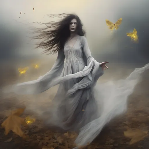 Prompt: Ghostly pale woman spirit, long frizzy grey brown hair, glowing yellow eyes, body evaporating into wind, flowing rags, body turning into dust, revenant witch, wasteland background, whirling dervishes, moths, fallen leaves