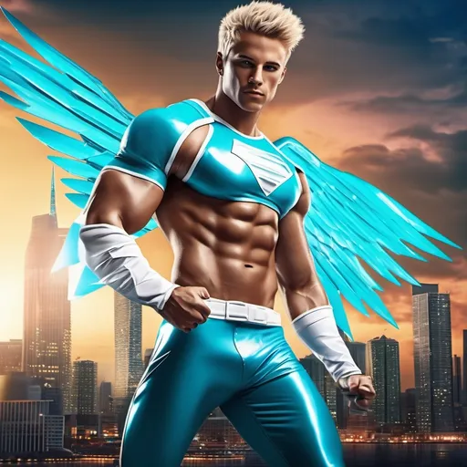 Prompt: muscular young man, naturally tanned, blue eyed, brunette spiky hair with blonde highlights. white speedo, superhero, teal latex bodysuit, small white cape, white boots, city skyline background, photorealistic, flying, 