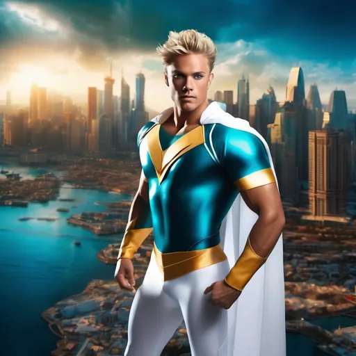 Prompt: muscular young man in superhero pose, (naturally tanned skin), striking blue eyes, brunette spiky hair with blonde highlights, wearing a contrasting white speedo and teal latex superhero suit, small flowing white cape, white boots, (city skyline in the background), vibrant colors, dynamic lighting, (photorealistic), ultra-detailed, high resolution, cinematic atmosphere that conveys heroism and power. floating