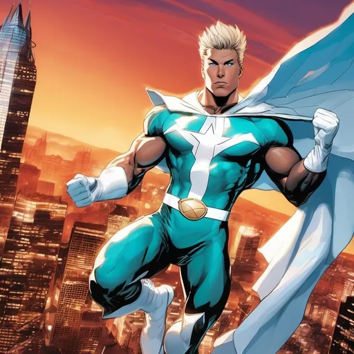 Prompt: muscular young man in superhero pose, (naturally tanned skin), striking blue eyes, brunette spiky hair with blonde highlights, wearing a contrasting white speedo and teal latex supersuit, small flowing white cape, white boots, (city skyline in the background), vibrant colors, dynamic lighting, (photorealistic), ultra-detailed, high resolution, cinematic atmosphere that conveys heroism and power. Flying, 2000s comic book art style