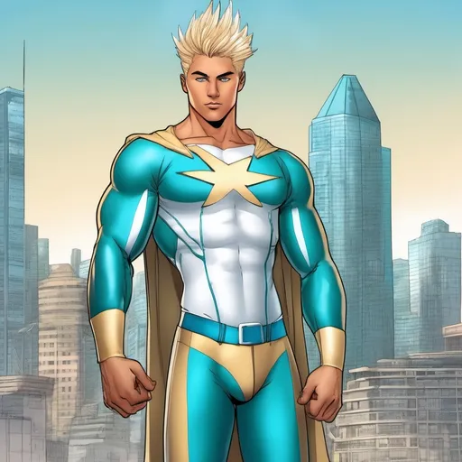 Prompt: muscular young man, naturally tanned, blue eyed, brunette spiky hair with blonde highlights. white speedo, superhero, teal latex bodysuit, small white cape, white boots, city skyline background, photorealistic, superhero pose, 2000s comic book style