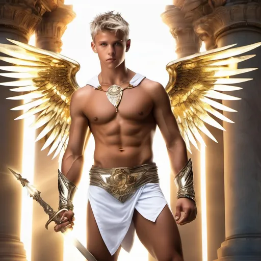 Prompt: muscular young man, naturally tanned, short brunette spiky hair with blonde highlights, blue eyes. White speedos, ancient temple background, photorealistic, gold bracelets, crystal sword, wings, white boots, angel, (glow, god rays, ethereal, dreamy, heavenly, otherworldly, dream-like, breathtaking, captivating, divine)