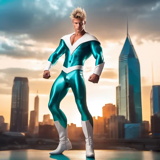 Prompt: muscular young man, naturally tanned, blue eyed, brunette spiky hair with blonde highlights. white speedo, superhero, teal latex bodysuit, small white cape, white boots, city skyline background, photorealistic, superhero pose, 