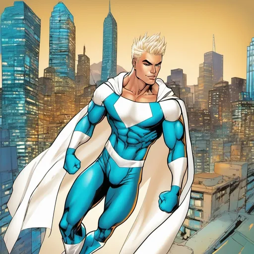 Prompt: muscular young man, naturally tanned, blue eyed, brunette spiky hair with blonde highlights. white speedo, superhero, teal latex bodysuit, small white cape, white boots, city skyline background, photorealistic, superhero pose, pulp magazine look, splash panel, full cover image,, (pop art style)