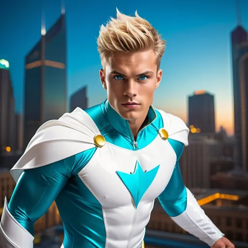 Prompt: muscular young man in superhero pose, (naturally tanned skin), striking blue eyes, brunette spiky hair with blonde highlights, wearing a contrasting white speedo and teal latex superhero suit, small flowing white cape, white boots, (city skyline in the background), vibrant colors, dynamic lighting, (photorealistic), ultra-detailed, high resolution, cinematic atmosphere that conveys heroism and power. floating