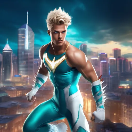 Prompt: muscular young man in superhero pose, (naturally tanned skin), striking blue eyes, brunette spiky hair with blonde highlights, wearing a contrasting white speedo and teal latex supersuit, small flowing white cape, white boots, (city skyline in the background), vibrant colors, dynamic lighting, (photorealistic), ultra-detailed, high resolution, cinematic atmosphere that conveys heroism and power. floating