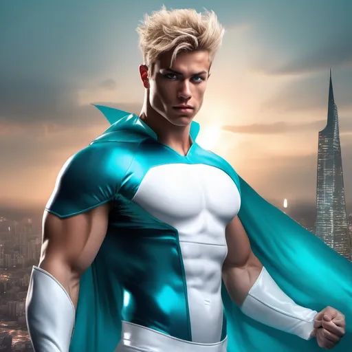 Prompt: muscular young man in superhero pose, (naturally tanned skin), striking blue eyes, brunette spiky hair with blonde highlights, wearing a contrasting white speedo and teal latex supersuit, small flowing white cape, white boots, (city skyline in the background), vibrant colors, dynamic lighting, (photorealistic), ultra-detailed, high resolution, cinematic atmosphere that conveys heroism and power.