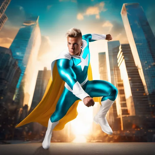 Prompt: muscular young man in superhero pose, (naturally tanned skin), striking blue eyes, brunette spiky hair with blonde highlights, wearing a contrasting white speedo and teal latex superhero suit, small flowing white cape, white boots, (city skyline in the background), vibrant colors, dynamic lighting, (photorealistic), ultra-detailed, high resolution, cinematic atmosphere that conveys heroism and power. floating