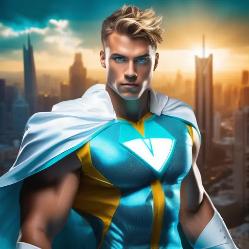 Prompt: muscular young man in superhero pose, (naturally tanned skin), striking blue eyes, brunette spiky hair with blonde highlights, wearing a contrasting white speedo and teal latex superhero suit, small flowing white cape, white boots, (city skyline in the background), vibrant colors, dynamic lighting, (photorealistic), ultra-detailed, high resolution, cinematic atmosphere that conveys heroism and power. floating