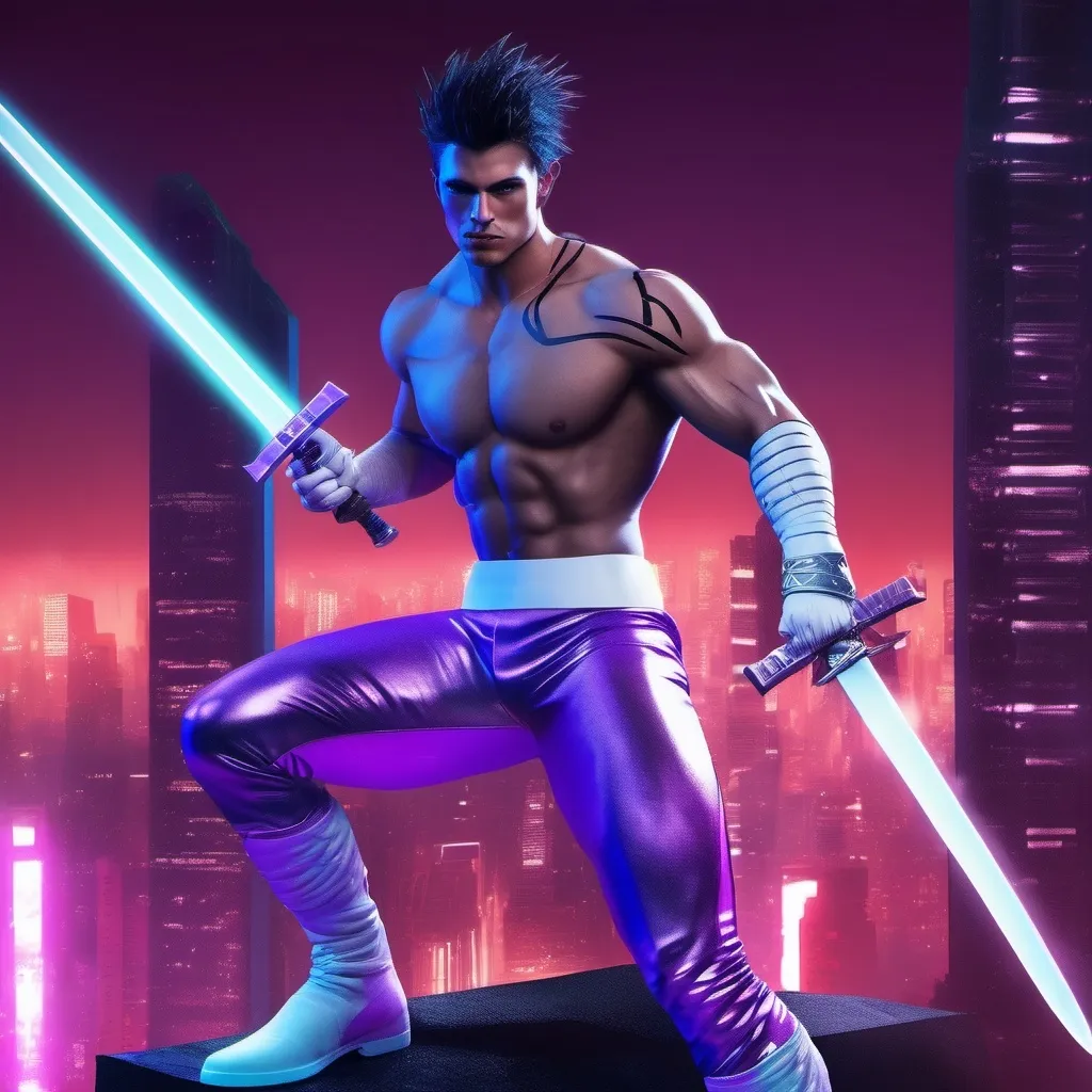 Prompt: Wraithblade, muscular young man, naturally tanned, blue eyed, black spiky hair. white speedo, vigilante, purple spandex latex suit, white boots, white gloves, katanas, night city rooftops background, photorealistic, domino eye mask, ninja, , (cyberpunk aesthetic), 80s