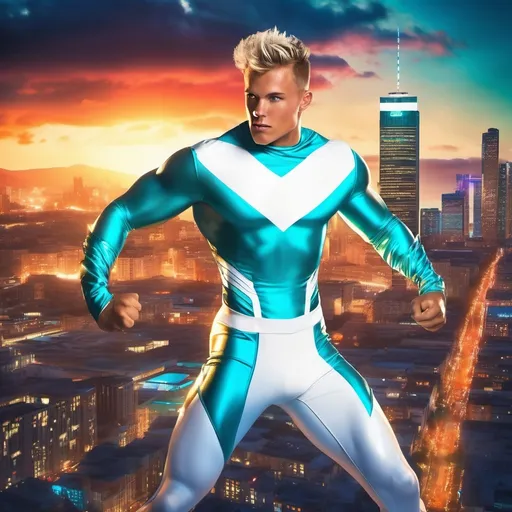 Prompt: muscular young man in superhero pose, (naturally tanned skin), striking blue eyes, brunette spiky hair with blonde highlights, wearing an 80s contrasting white speedo and teal latex supersuit, small flowing white cape, white boots, (city skyline in the background), vibrant colors, dynamic lighting, (photorealistic), ultra-detailed, high resolution, cinematic atmosphere that conveys heroism and power. floating