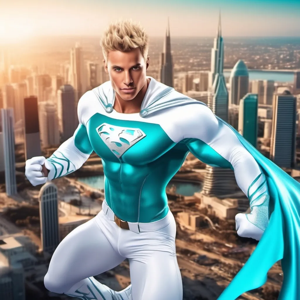 Prompt: muscular young man, naturally tanned, blue eyed, brunette spiky hair with blonde highlights. white speedo, superhero, teal latex bodysuit, small white cape, white boots, city skyline background, photorealistic, flying, 