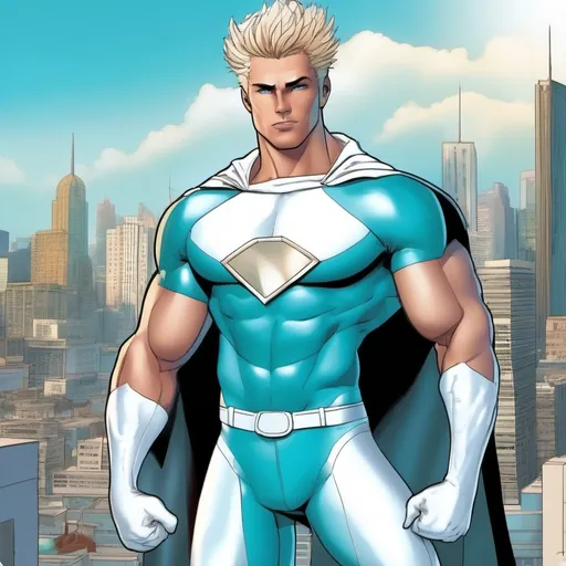 Prompt: muscular young man, naturally tanned, blue eyed, brunette spiky hair with blonde highlights. white speedo, superhero, teal latex bodysuit, small white cape, white boots, city skyline background, photorealistic, superhero pose, 2000s comic book style