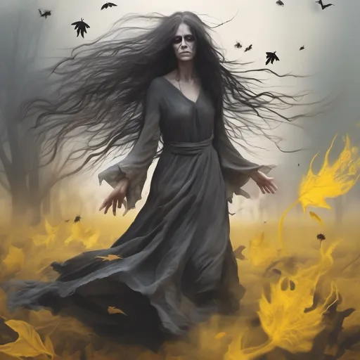 Prompt: Ghostly pale woman spirit, long frizzy grey brown hair, glowing yellow eyes, body evaporating into wind, flowing rags, body turning into dust, revenant witch, wasteland background, whirling dervishes, black witch moths, fallen leaves, eerie night.