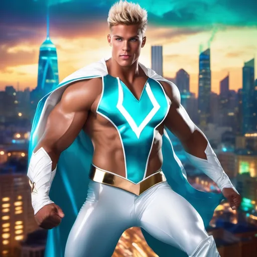 Prompt: muscular young man in superhero pose, (naturally tanned skin), striking blue eyes, brunette spiky hair with blonde highlights, wearing an 80s contrasting white speedo and teal latex bodysuit, small flowing white cape, white boots, (city skyline in the background), vibrant colors, dynamic lighting, (photorealistic), ultra-detailed, high resolution, cinematic atmosphere that conveys heroism and power. floating