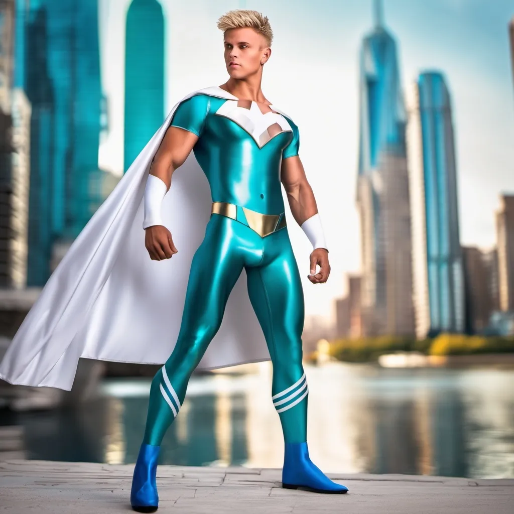 Prompt: muscular young man, naturally tanned, blue eyed, brunette spiky hair with blonde highlights. white speedo, superhero, teal latex bodysuit, small white cape, white boots, city skyline background, photorealistic, superhero pose