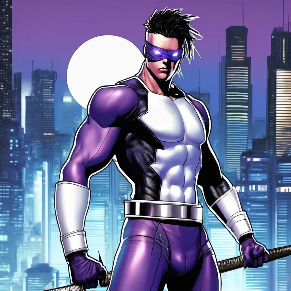 Prompt: Wraithblade, muscular young man, naturally tanned, blue eyed, black spiky hair. white speedo, vigilante, purple spandex latex suit, white boots, white gloves, katanas, night city rooftops background, photorealistic, domino eye mask, ninja, , (cyberpunk aesthetic), 80s comic book style