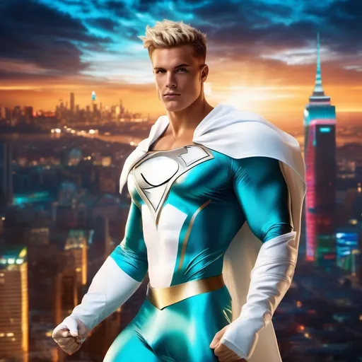 Prompt: muscular young man in superhero pose, (naturally tanned skin), striking blue eyes, brunette spiky hair with blonde highlights, wearing a contrasting white speedo and teal latex supersuit, small flowing white cape, white boots, (city skyline in the background), vibrant colors, dynamic lighting, (photorealistic), ultra-detailed, high resolution, cinematic atmosphere that conveys heroism and power.