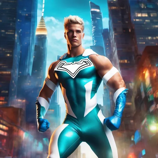 Prompt: muscular young man in superhero pose, (naturally tanned skin), striking blue eyes, brunette spiky hair with blonde highlights, wearing a contrasting white speedo and teal latex supersuit, small flowing white cape, white boots, (city skyline in the background), vibrant colors, dynamic lighting, (photorealistic), ultra-detailed, high resolution, cinematic atmosphere that conveys heroism and power. Floating