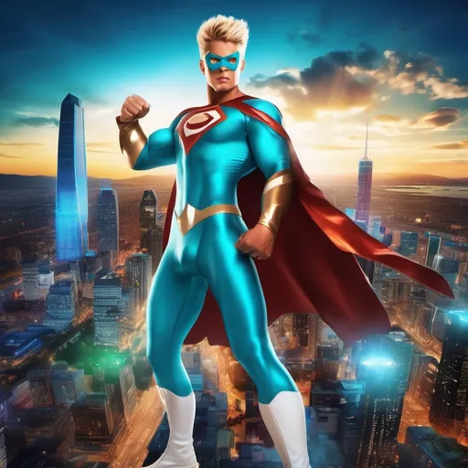 Prompt: muscular young man in superhero pose, (naturally tanned skin), striking blue eyes, brunette spiky hair with blonde highlights, wearing a contrasting white speedo and teal latex superhero suit, small flowing white cape, white boots, (city skyline in the background), vibrant colors, dynamic lighting, (photorealistic), ultra-detailed, high resolution, cinematic atmosphere that conveys heroism and power. floating