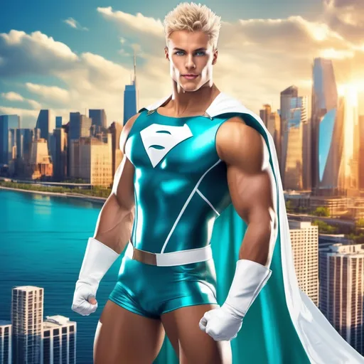 Prompt: muscular young man, naturally tanned, blue eyed, brunette spiky hair with blonde highlights. white speedo, superhero, teal latex bodysuit, small white cape, white boots, city skyline background, photorealistic, dynamic pose