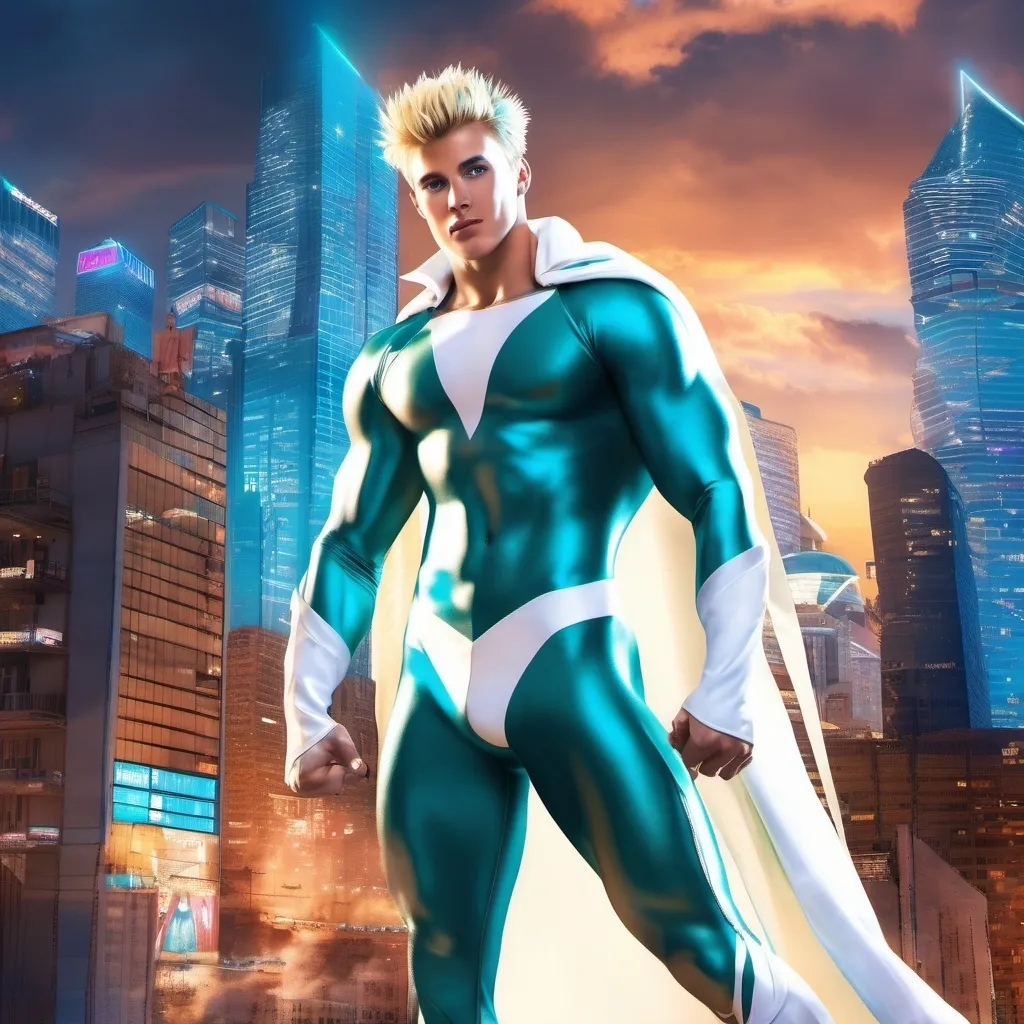 Prompt: muscular young man, naturally tanned, blue eyed, brunette spiky hair with blonde highlights. white speedo, superhero, teal latex bodysuit, small white cape, white boots, city skyline background, photorealistic, superhero pose,