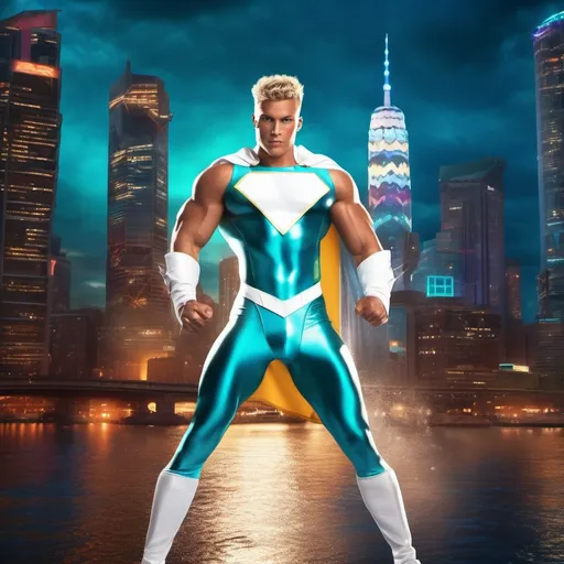 Prompt: muscular young man in superhero pose, (naturally tanned skin), striking blue eyes, brunette spiky hair with blonde highlights, wearing an 80s contrasting white speedo and teal latex supersuit, small flowing white cape, white boots, (city skyline in the background), vibrant colors, dynamic lighting, (photorealistic), ultra-detailed, high resolution, cinematic atmosphere that conveys heroism and power. floating