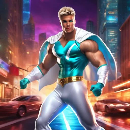 Prompt: muscular young man in superhero pose, (naturally tanned skin), striking blue eyes, brunette spiky hair with blonde highlights, wearing an 80s contrasting white speedo and teal latex bodysuit, small flowing white cape, white boots, (city skyline in the background), vibrant colors, dynamic lighting, (photorealistic), ultra-detailed, high resolution, cinematic atmosphere that conveys heroism and power. floating