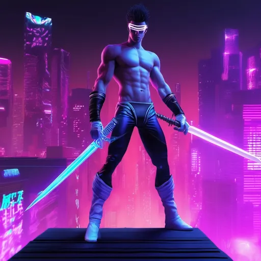 Prompt: Wraithblade, muscular young man, (photorealistic) style, (blue eyes, black spiky hair), wearing a (white speedo and purple spandex rubber suit), white boots, white gloves, purple eye mask; wielding cybernetic whip-sword, set against a vibrant night city rooftop backdrop, showcasing a (cyberpunk aesthetic), elements of (80s retro), menacing yet heroic vibe, backlit by glowing neon lights, dynamic poses, high-quality detail.