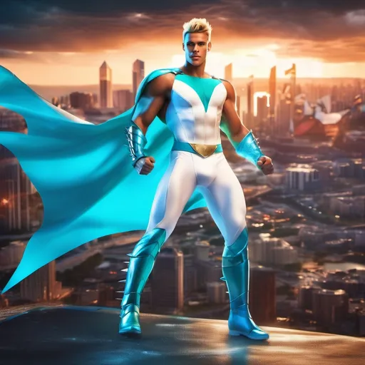 Prompt: muscular young man in superhero pose, (naturally tanned skin), striking blue eyes, brunette spiky hair with blonde highlights, wearing a contrasting white speedo and teal latex supersuit, small flowing white cape, white boots, (city skyline in the background), vibrant colors, dynamic lighting, (photorealistic), ultra-detailed, high resolution, cinematic atmosphere that conveys heroism and power.