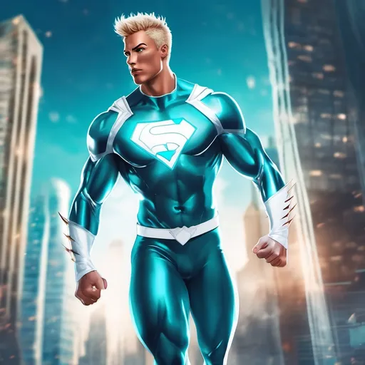 Prompt: muscular young man in superhero pose, (naturally tanned skin), striking blue eyes, brunette spiky hair with blonde highlights, wearing a contrasting white speedo and teal latex supersuit, small flowing white cape, white boots, (city skyline in the background), vibrant colors, dynamic lighting, (photorealistic), ultra-detailed, high resolution, cinematic atmosphere that conveys heroism and power. Floating, comic book art style