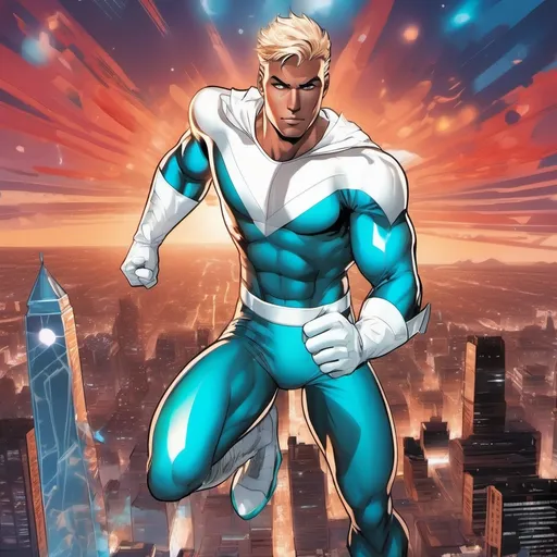 Prompt: muscular young man in superhero pose, (naturally tanned skin), striking blue eyes, brunette spiky hair with blonde highlights, wearing a contrasting white speedo and teal latex supersuit, small flowing white cape, white boots, (city skyline in the background), vibrant colors, dynamic lighting, (photorealistic), ultra-detailed, high resolution, cinematic atmosphere that conveys heroism and power. Flying, 2000s comic book art style