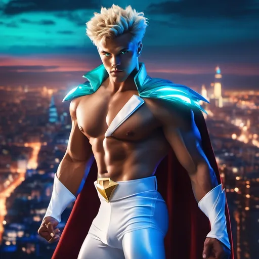 Prompt: muscular young man in superhero pose, (naturally tanned skin), striking blue eyes, brunette spiky hair with blonde highlights, wearing an 80s contrasting white speedo and teal latex bodysuit, small flowing white cape, white boots, (city skyline in the background), vibrant colors, dynamic lighting, (photorealistic), ultra-detailed, high resolution, cinematic atmosphere that conveys heroism and power. floating