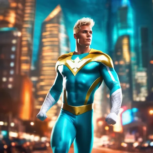 Prompt: muscular young man in superhero pose, (naturally tanned skin), striking blue eyes, brunette spiky hair with blonde highlights, wearing a contrasting white speedo and teal latex superhero suit, small flowing white cape, white boots, (city skyline in the background), vibrant colors, dynamic lighting, (photorealistic), ultra-detailed, high resolution, cinematic atmosphere that conveys heroism and power. floating