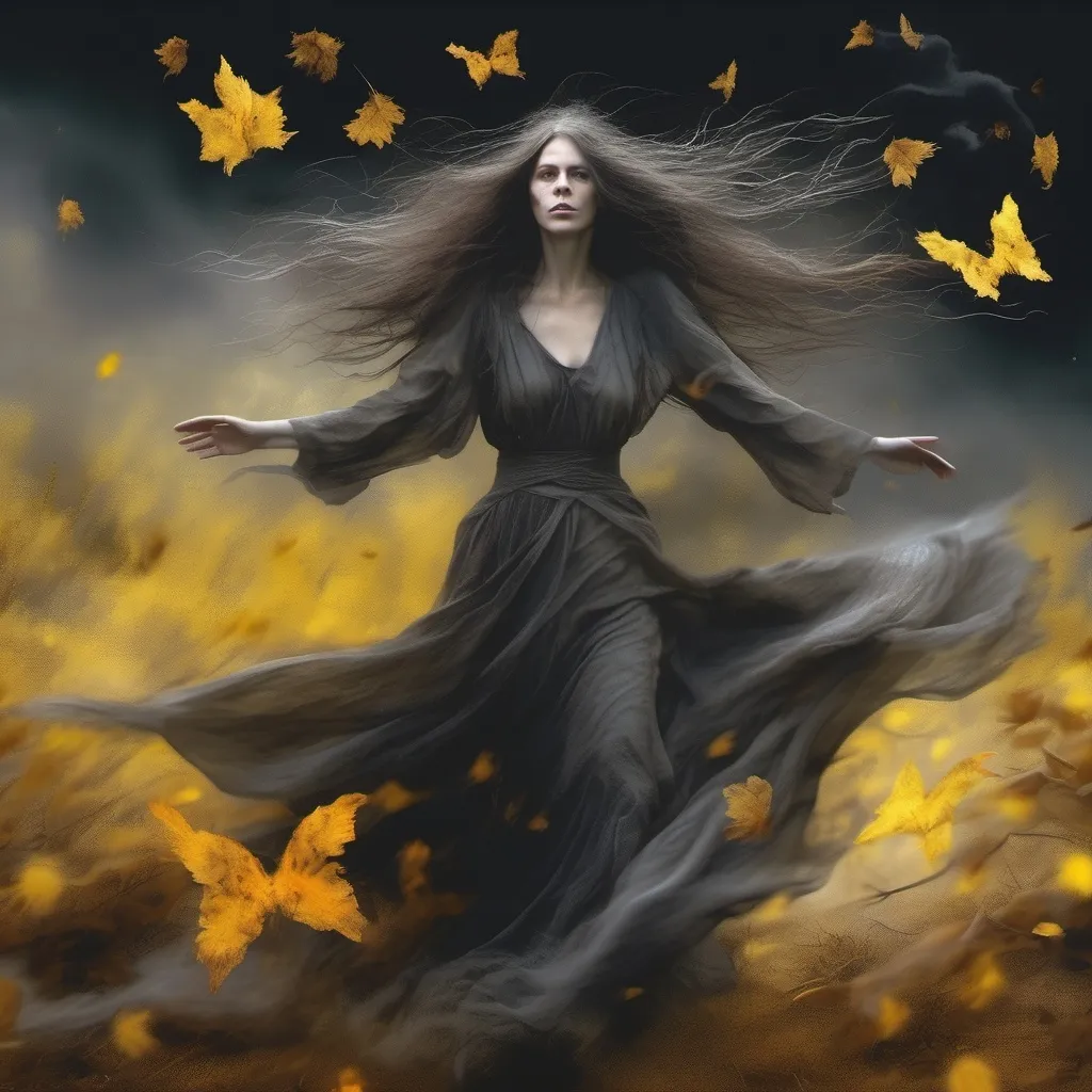 Prompt: Ghostly pale woman spirit, long frizzy grey brown hair, glowing yellow eyes, body evaporating into wind, flowing rags, body turning into dust, revenant witch, wasteland background, whirling dervishes, black witch moths, fallen leaves, eerie night.