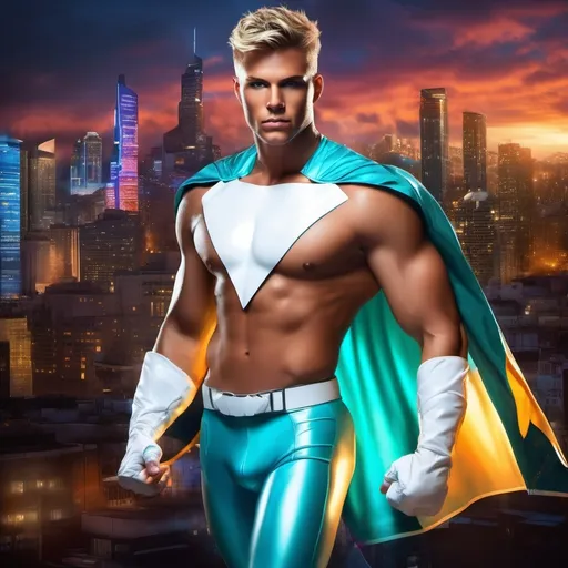 Prompt: muscular young man in superhero pose, (naturally tanned skin), striking blue eyes, brunette spiky hair with blonde highlights, wearing an 80s contrasting white speedo and teal latex bodysuit, small flowing white cape, white boots, (city skyline in the background), vibrant colors, dynamic lighting, (photorealistic), ultra-detailed, high resolution, cinematic atmosphere that conveys heroism and power. floating