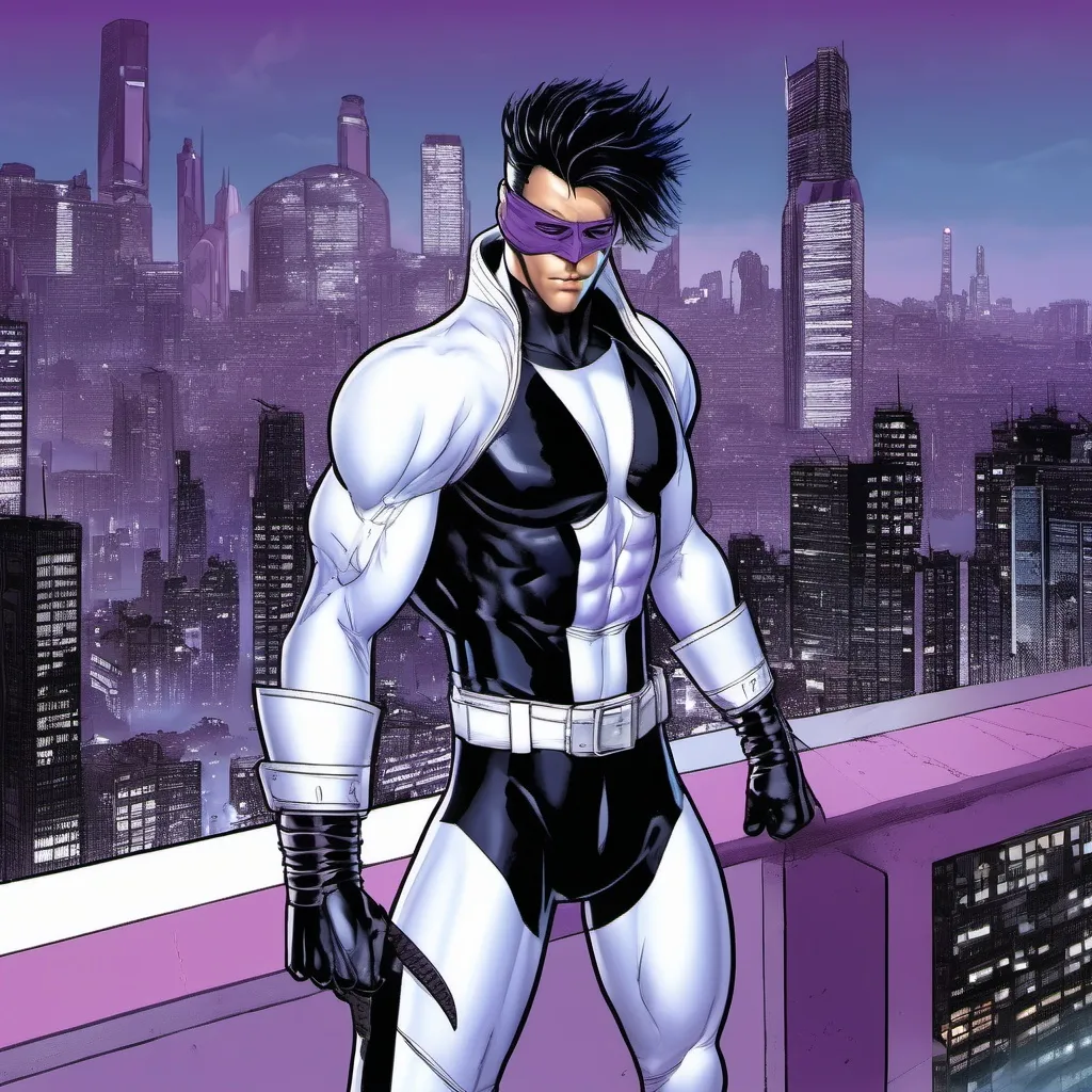 Prompt: Wraithblade, muscular young man, naturally tanned, blue eyed, black spiky hair. white speedo, vigilante, purple spandex latex suit, white boots, white gloves, katanas, night city rooftops background, photorealistic, domino eye mask, ninja, , (cyberpunk aesthetic), 80s comic book style