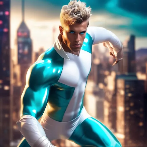 Prompt: muscular young man in superhero pose, (naturally tanned skin), striking blue eyes, brunette spiky hair with blonde highlights, wearing a contrasting white speedo and teal latex supersuit, small flowing white cape, white boots, (city skyline in the background), vibrant colors, dynamic lighting, (photorealistic), ultra-detailed, high resolution, cinematic atmosphere that conveys heroism and power.