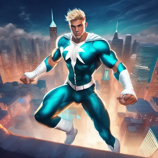 Prompt: muscular young man in superhero pose, (naturally tanned skin), striking blue eyes, brunette spiky hair with blonde highlights, wearing a contrasting white speedo and teal latex supersuit, small flowing white cape, white boots, (city skyline in the background), vibrant colors, dynamic lighting, (photorealistic), ultra-detailed, high resolution, cinematic atmosphere that conveys heroism and power. Floating, comic book art style