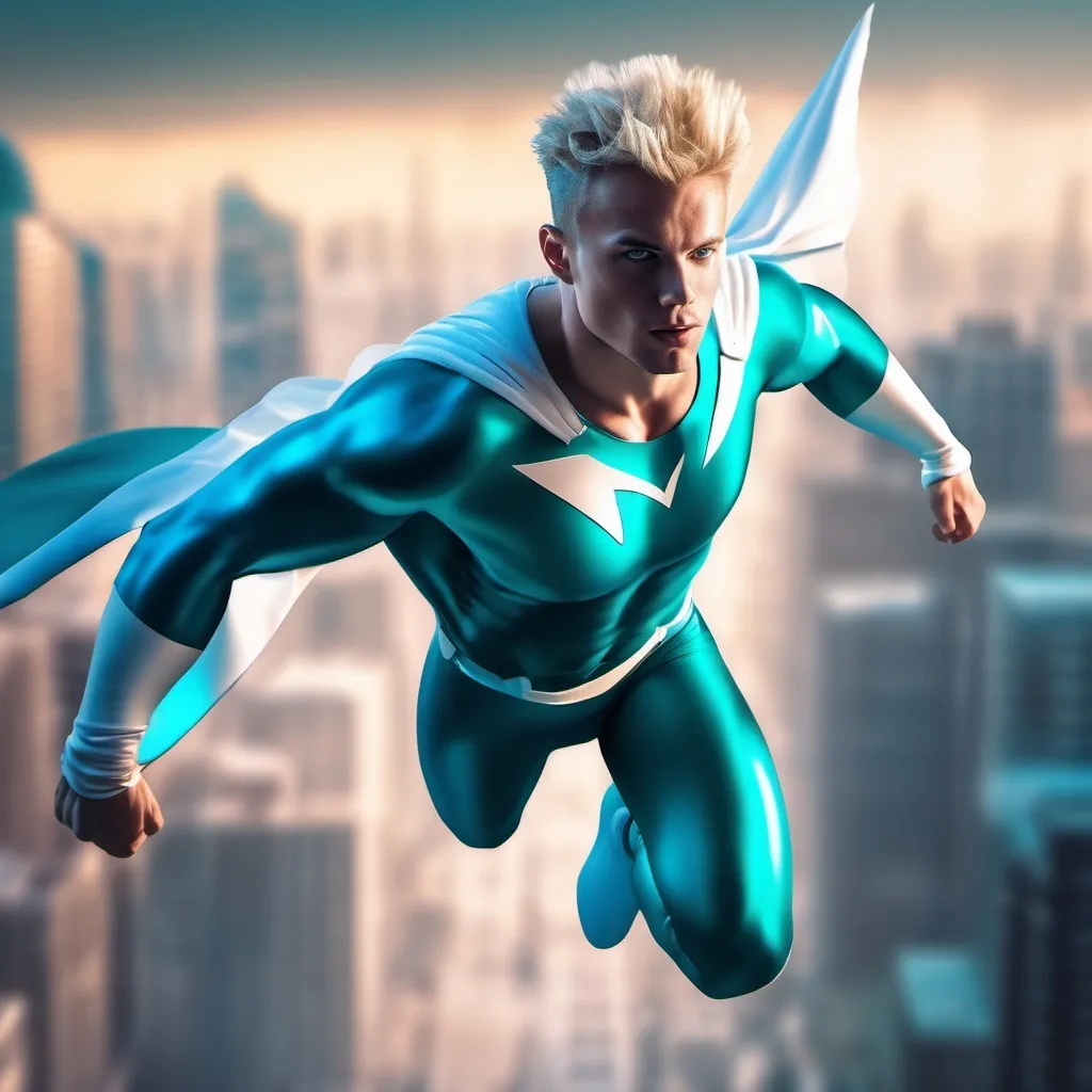 Prompt: muscular young man, naturally tanned, blue eyed, brunette spiky hair with blonde highlights. white speedo, superhero, teal latex bodysuit, small white cape, white boots, city skyline background, photorealistic, flying, 