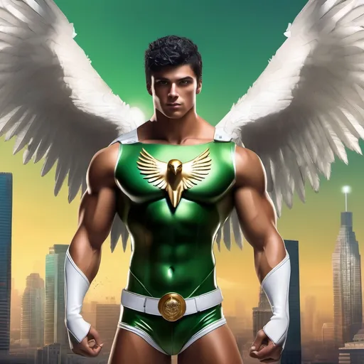 Prompt: muscular young man, naturally tanned, hazel eyed, black spiky hair. Latino, white speedo, superhero, green latex bodysuit, small white glider flaps, white boots, winged helm, golden eagle emblem, city skyline background, photorealistic, superhero pose, retro style