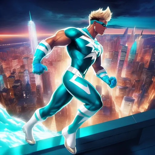 Prompt: muscular young man in superhero pose, (naturally tanned skin), striking blue eyes, brunette spiky hair with blonde highlights, wearing an 80s contrasting white speedo and teal latex supersuit, small flowing white cape, white boots, (city skyline in the background), vibrant colors, dynamic lighting, (photorealistic), ultra-detailed, high resolution, cinematic atmosphere that conveys heroism and power. floating