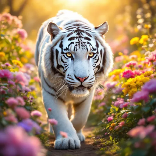Prompt: A majestic white tiger walking slowly through a vibrant flower garden, cinematic lighting, high detail, mystical atmosphere
