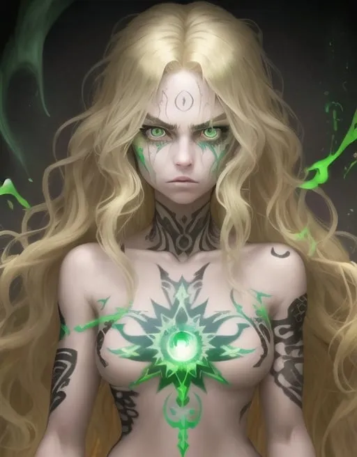 Prompt: green eyes, bright eyes, angry, siren, dirty blonde hair, wavy hair, long hair, female, neck tattoo, colorful auras, scale skin patches, crazy 
